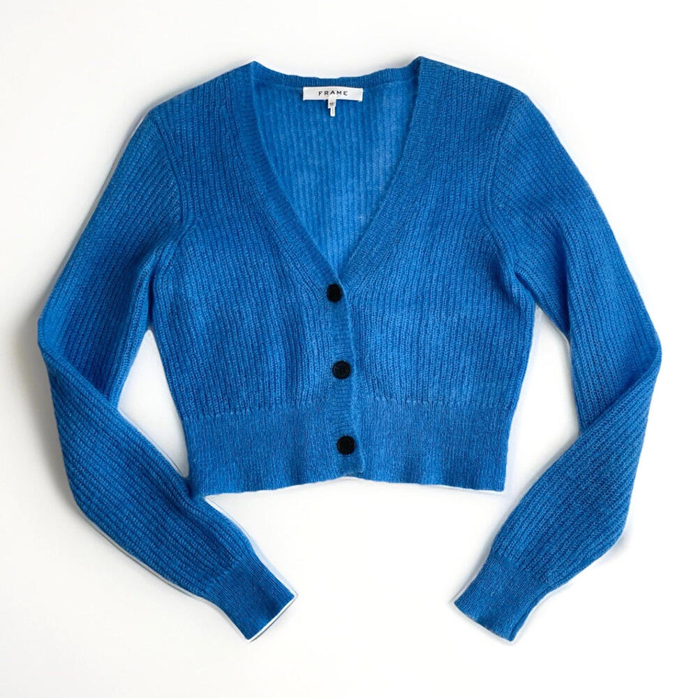 FRAME Women's Cardigan XS Blue Shrunken Mohair Cropped V-Neck Orig $298 Designer
